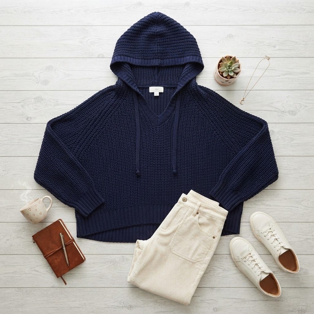 Aerie Navy Blue Chenille Knit Hoodie Sweater V-Neck Oversized Pullover Large